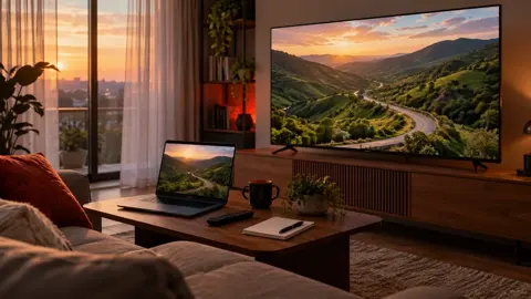 Televisão e notebook com colinas ao pôr do sol, caderno e caneca sobre a mesa.