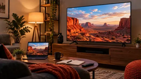 Televisão com paisagem de deserto, caderno e controle sobre mesa de centro.