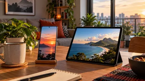 Celular e tablet com paisagens naturais sobre mesa de madeira, com caderno ao lado.