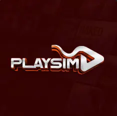 Logotipo PlaySim com detalhes em laranja, sobre fundo vermelho escuro.