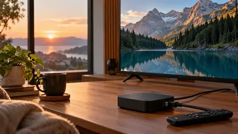 Aparelho de reprodução e controle remoto diante de televisão com lago entre montanhas, junto a janela.