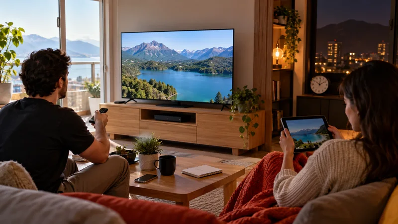 Duas pessoas diante de televisão com lago, com aparelhos e relógio no ambiente.