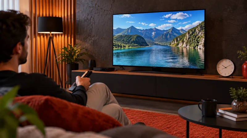 Pessoa no sofá com controle remoto diante de televisão com lago; relógio sobre o móvel.