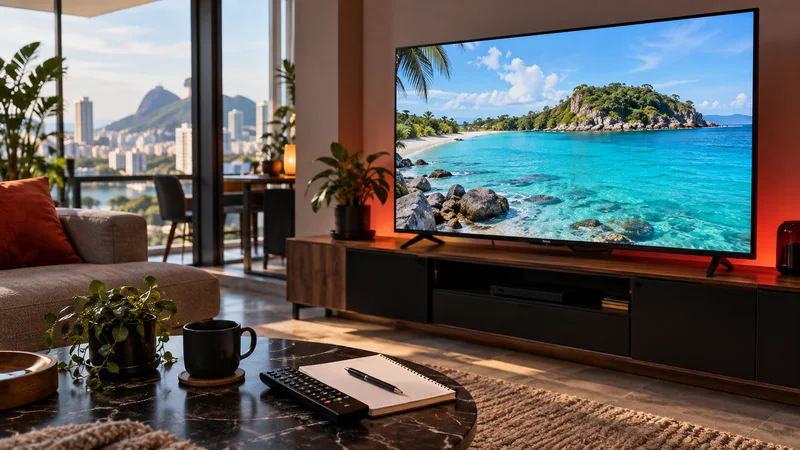 Televisão com praia tropical, com caderno, caneca e controle sobre a mesa.