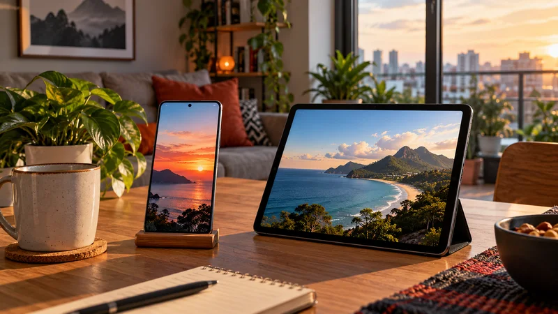 Celular e tablet com paisagens naturais sobre mesa de madeira, com caderno ao lado.