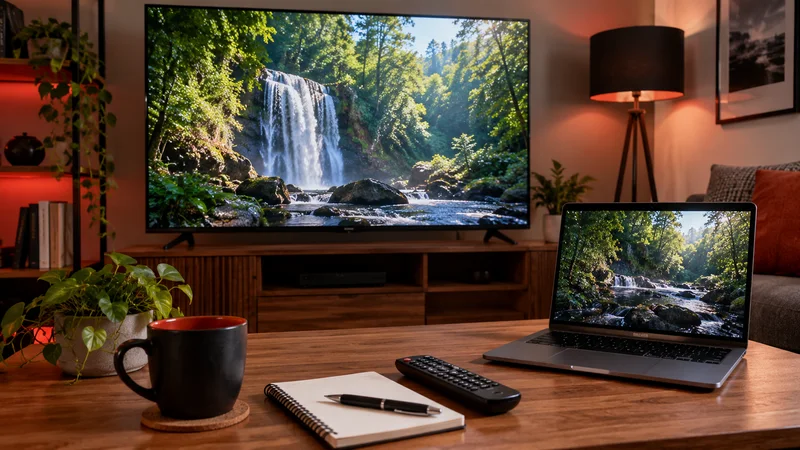 Televisão e notebook com cachoeira, caderno e controle sobre mesa de madeira.