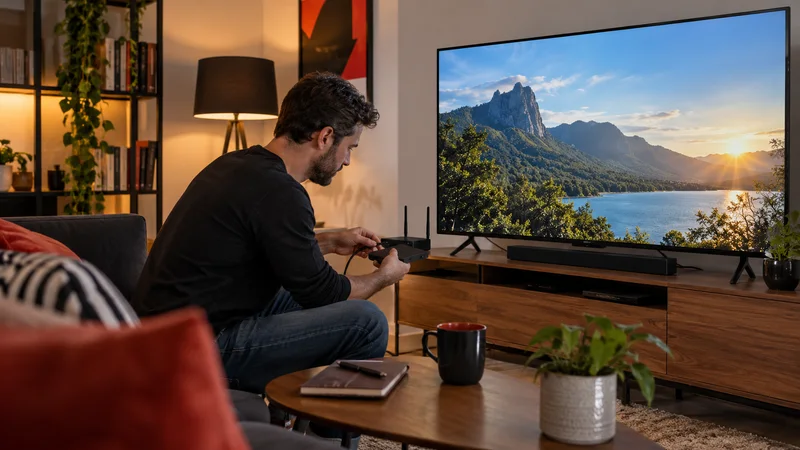 Pessoa conectando aparelho junto a televisão com paisagem costeira em sala iluminada.