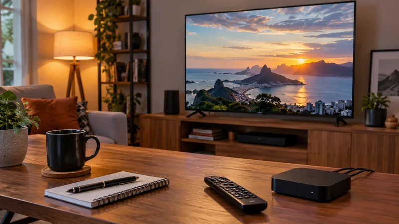 Televisão com costa ao pôr do sol; aparelho de reprodução, controle e caderno sobre a mesa.