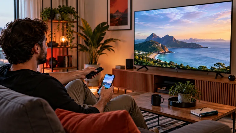 Pessoa usando celular e controle diante de televisão com paisagem ao pôr do sol.